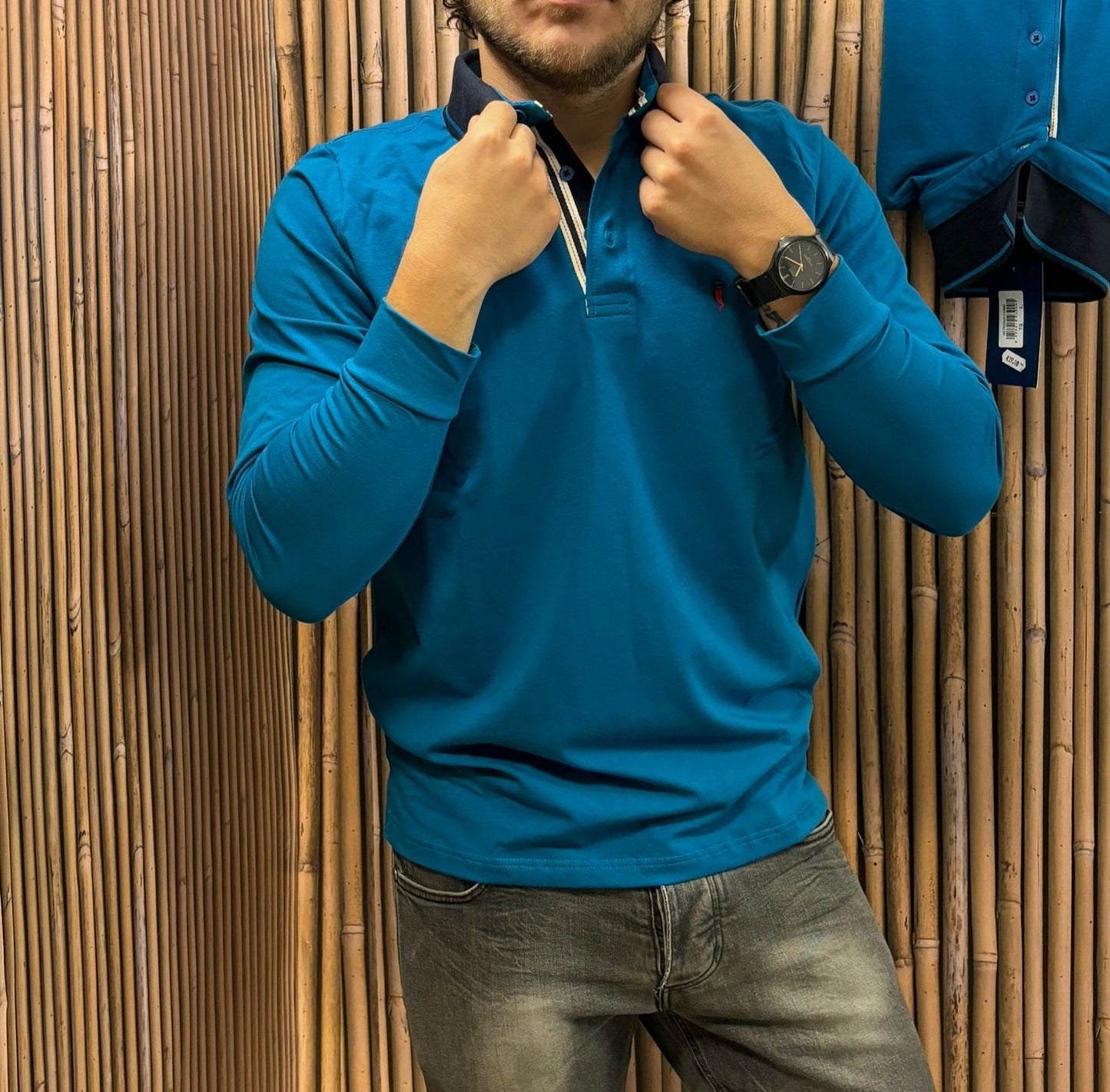 Polo manica lunga in caldo cotone |Ottanio