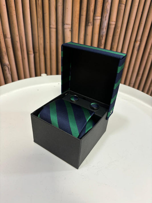 Cravatta con gemelli e pochette da taschino |Verde Blu