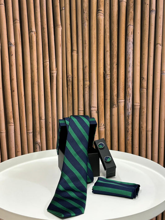 Cravatta con gemelli e pochette da taschino |Verde Blu