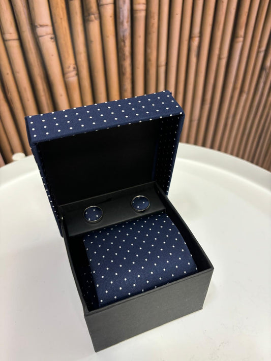 Cravatta con gemelli e pochette da taschino |Blu pois bianchi