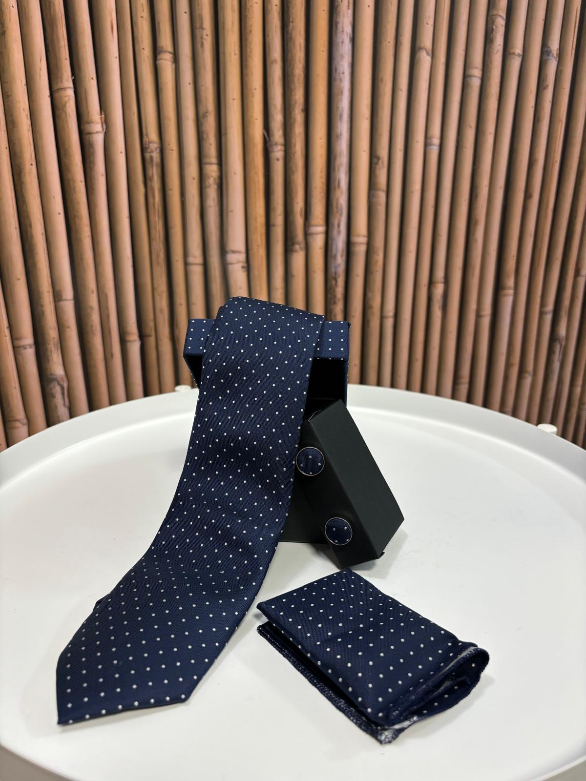 Cravatta con gemelli e pochette da taschino |Blu pois bianchi