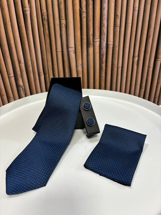 Cravatta con gemelli e pochette da taschino | Blu