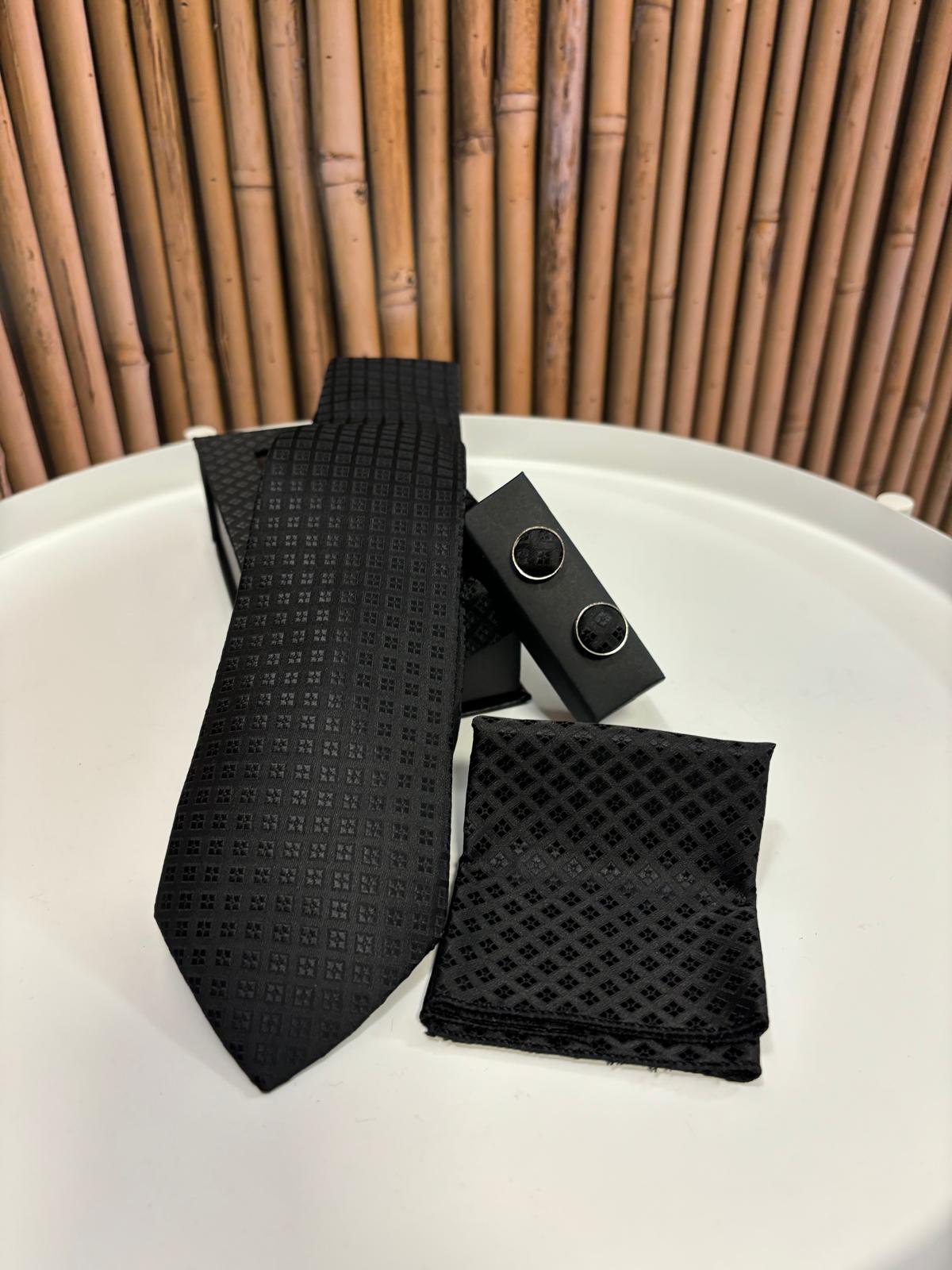 Cravatta con gemelli e pochette da taschino | Nera
