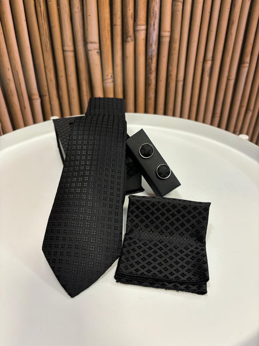 Cravatta con gemelli e pochette da taschino | Nera