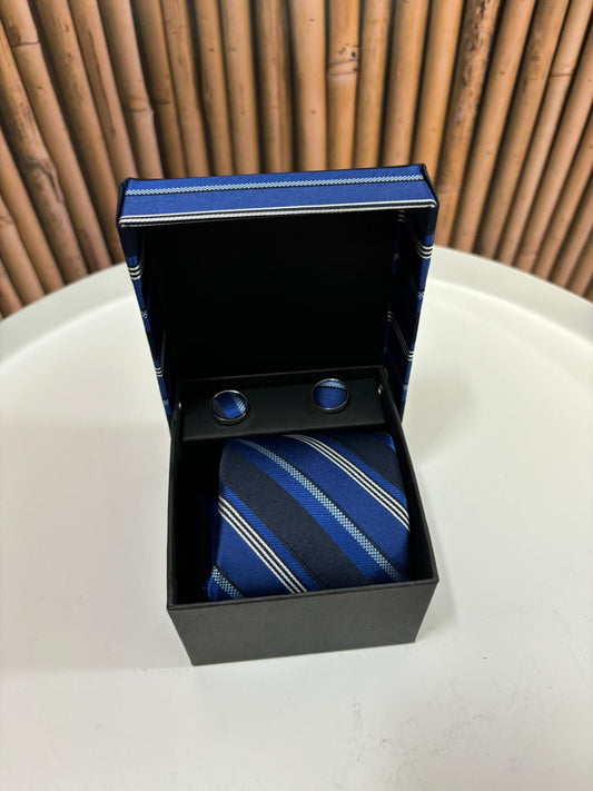Cravatta con gemelli e pochette da taschino |Blu