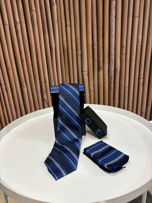 Cravatta con gemelli e pochette da taschino |Blu