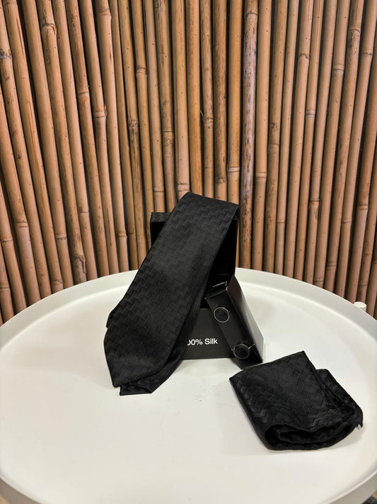 Cravatta con gemelli e pochette da taschino |Nero