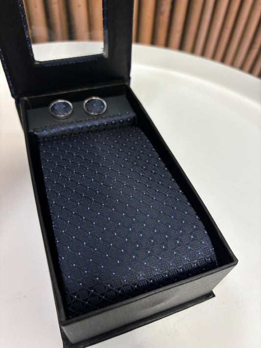 Cravatta con gemelli e pochette da taschino | Blu scuro