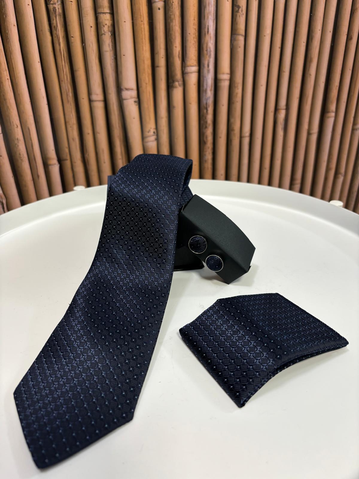 Cravatta con gemelli e pochette da taschino | Blu scuro