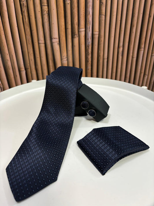 Cravatta con gemelli e pochette da taschino | Blu scuro