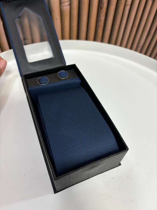 Cravatta con gemelli e pochette da taschino | Blu quadrettini