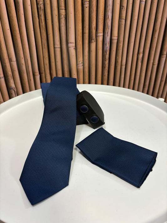 Cravatta con gemelli e pochette da taschino | Blu quadrettini